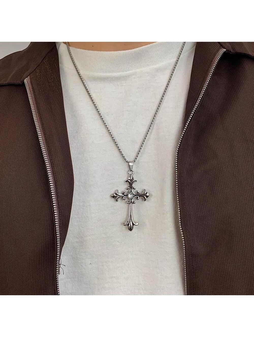 Cyber Y2k silver Big Gothic Rhinestone Cross opium punk style necklace. Cool
